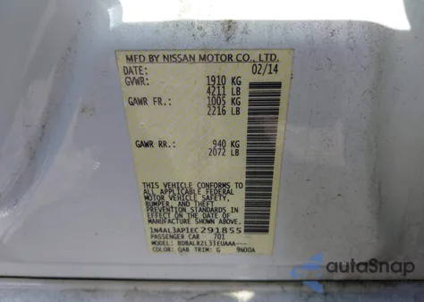 2014 Nissan Altima 2.5 S из США, поврежденный, VIN 1N4AL3AP1EC291855